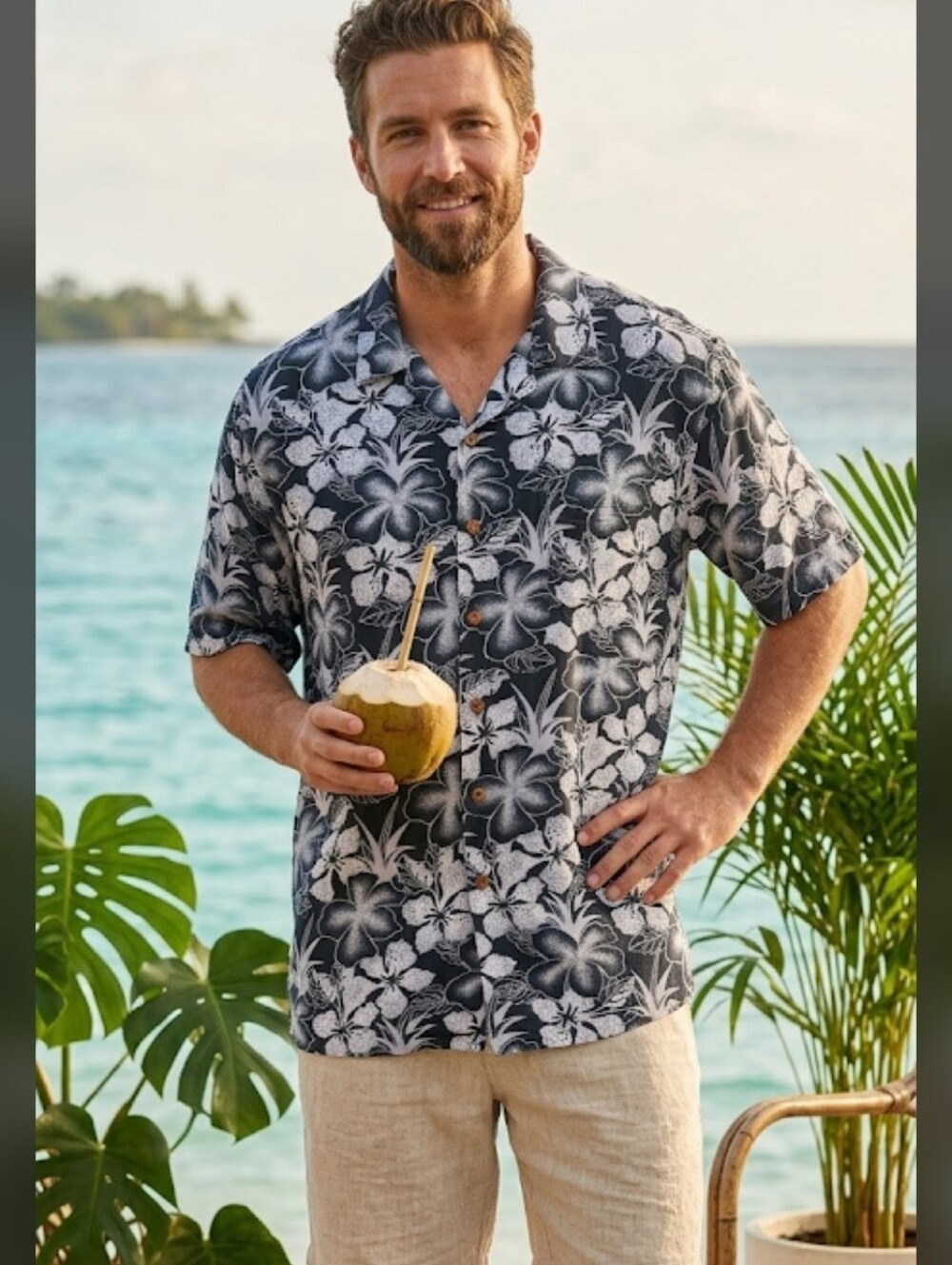 Breakwater XL Black & White Floral Rayon Shirt